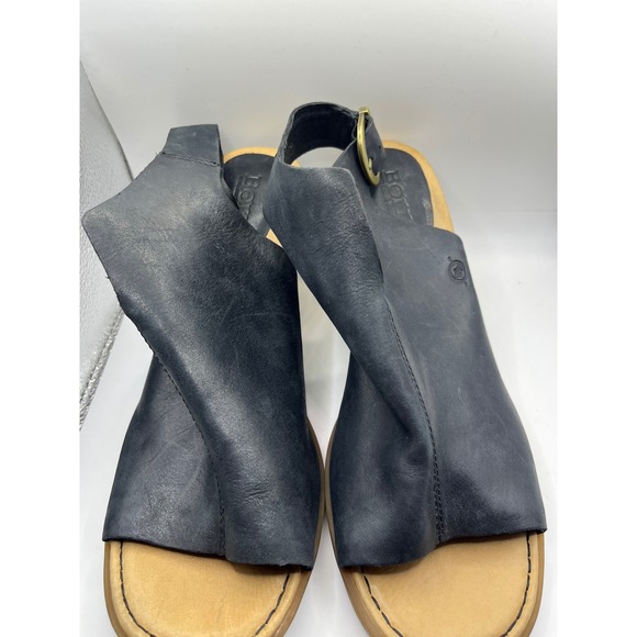 Born Black Leather Peep Toe Slingback Block Heel Sandals Women 11M - Picture 6 of 8